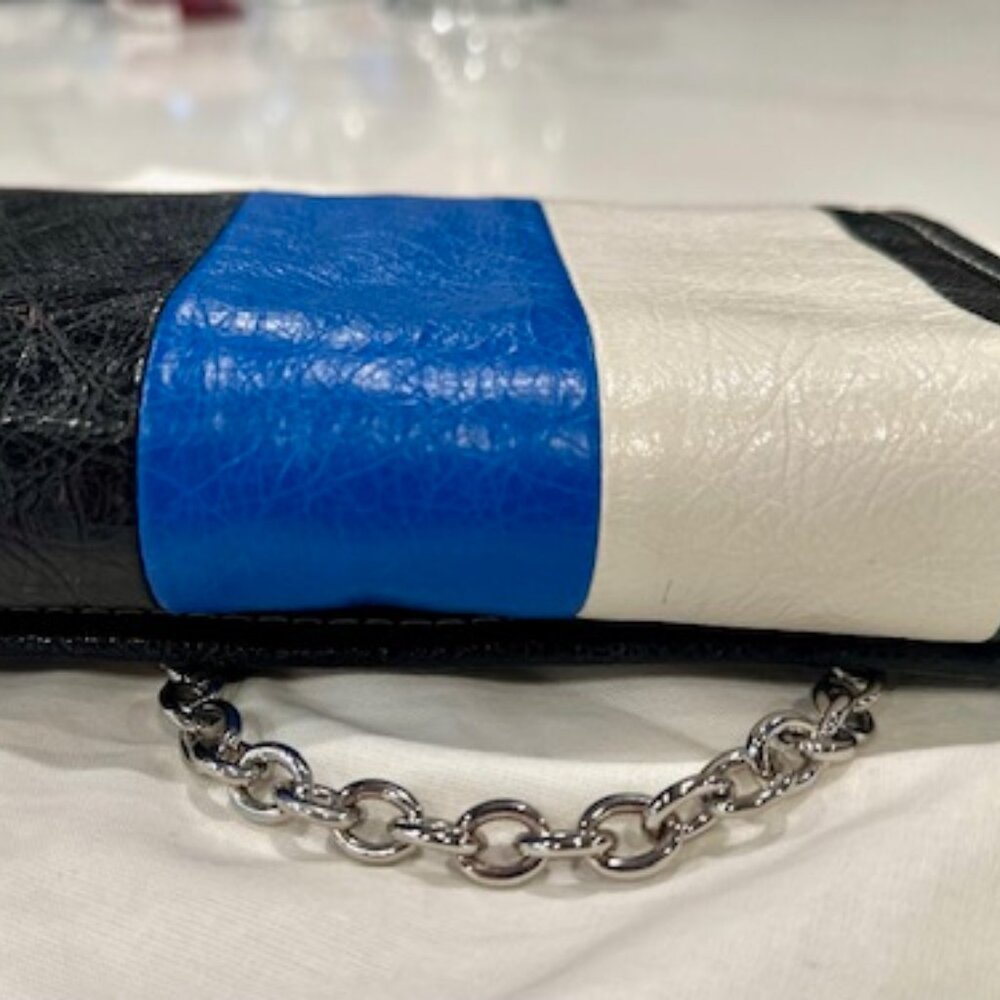 BALENCIAGA BAZAR Stripe Crossbody Shoulder Bag on Chain Blue Black White Leather - Picture 5 of 16